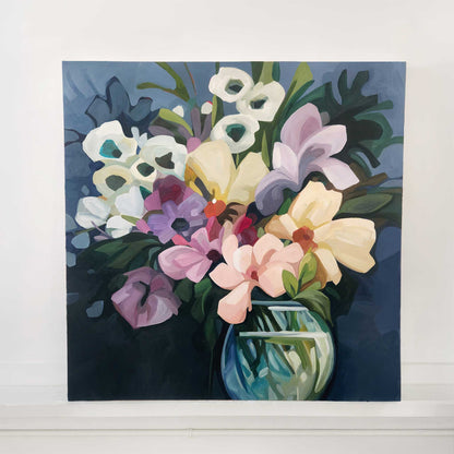 Large square abstract floral painting in blue with playful petals