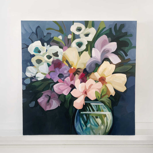Large square abstract floral painting in blue with playful petals
