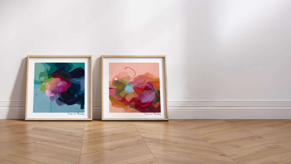 blue and peach abstract art prints
