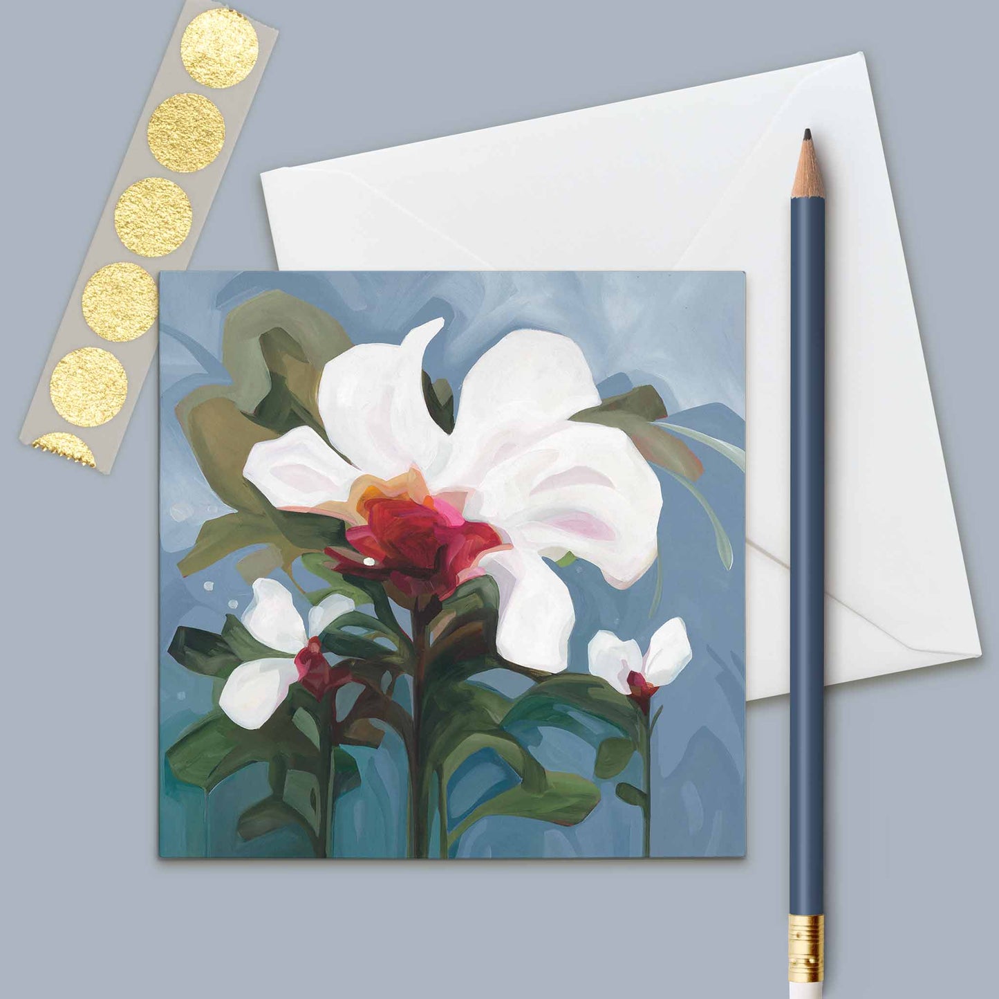 blue art card with white flowers