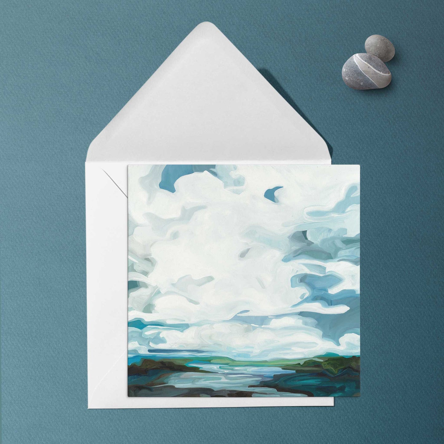 Abstract coastal landscape greeting card with expressive ocean waves, drifting clouds, and peaceful seaside atmosphere