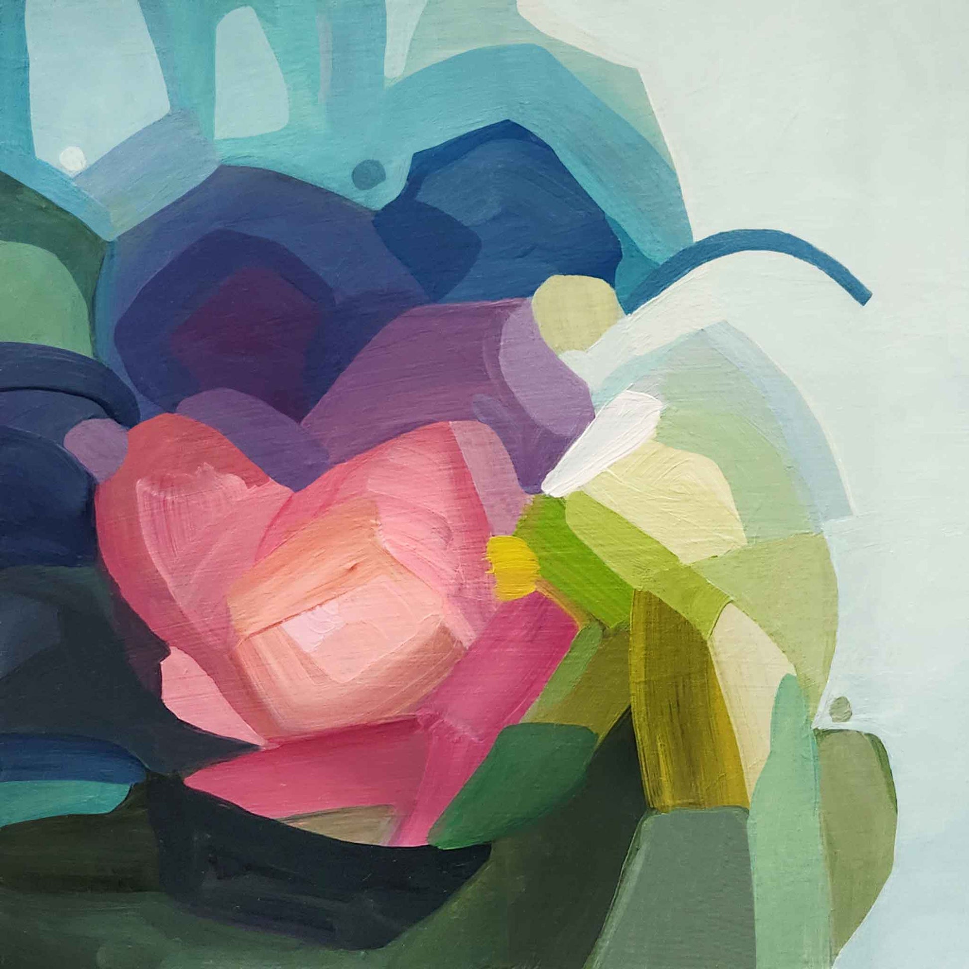 abstract blue and pink flower painting