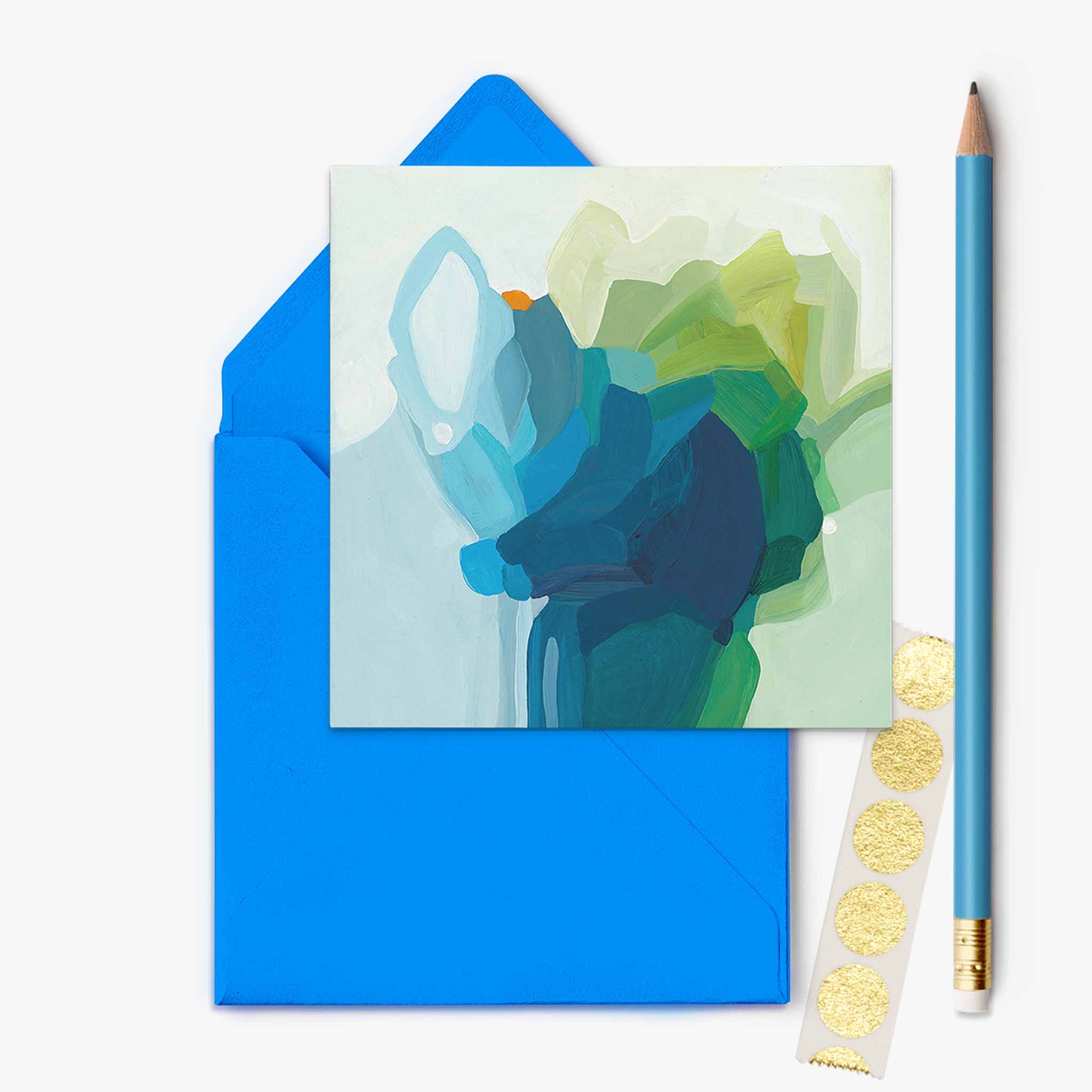 blue green floral abstract art card