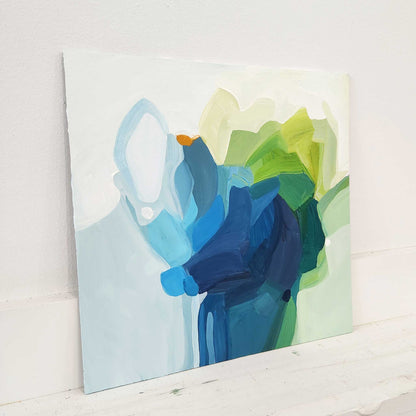 smalll blue and green abstract painting on panel