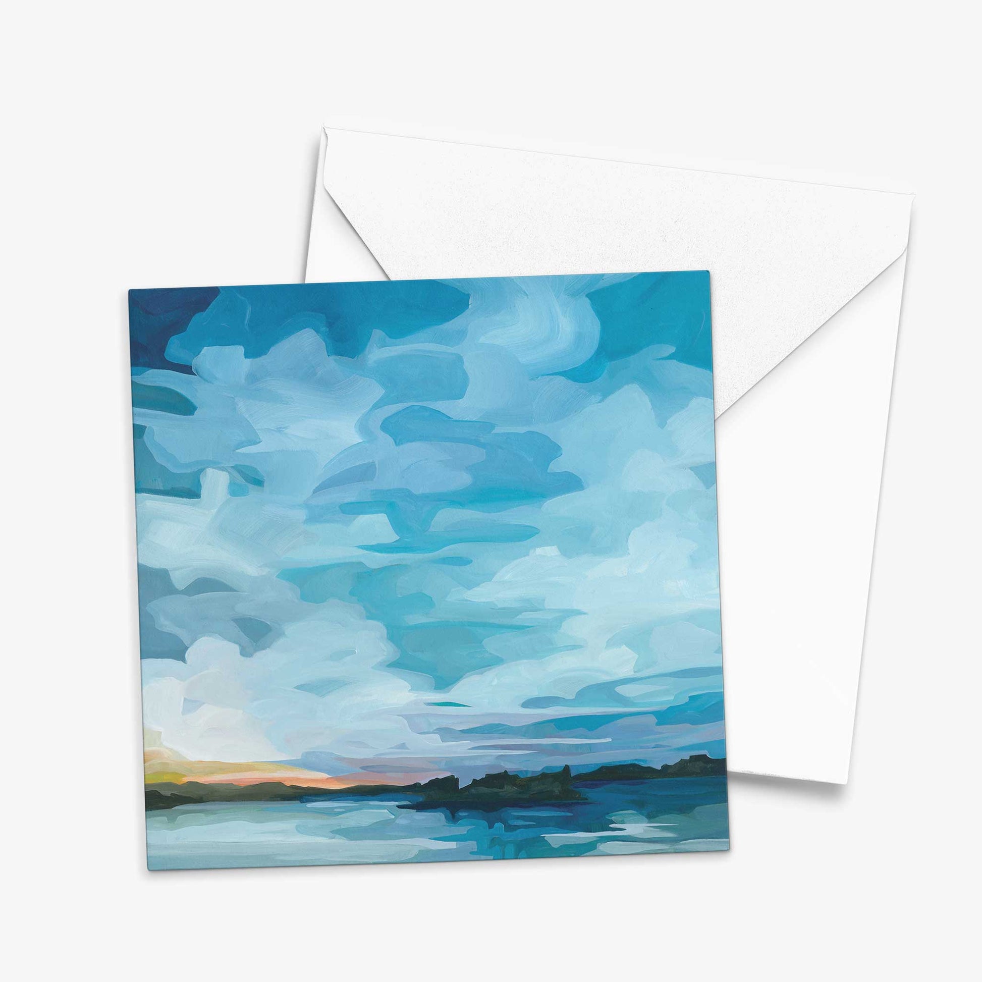 Contemporary landscape art greeting card with deep blue twilight sky, calm lake reflections, and expressive painted clouds
