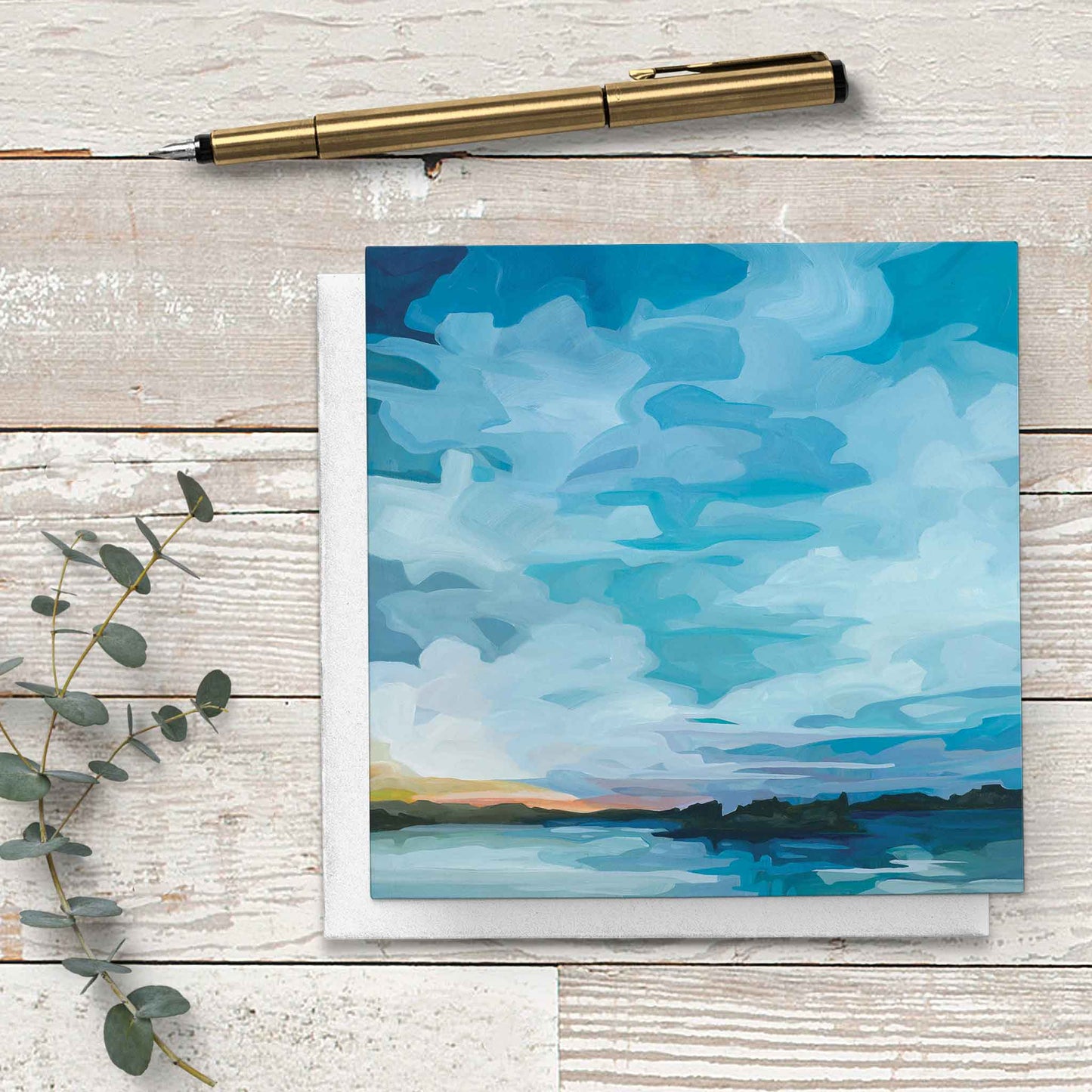 blue hour lake painting blank art card UK