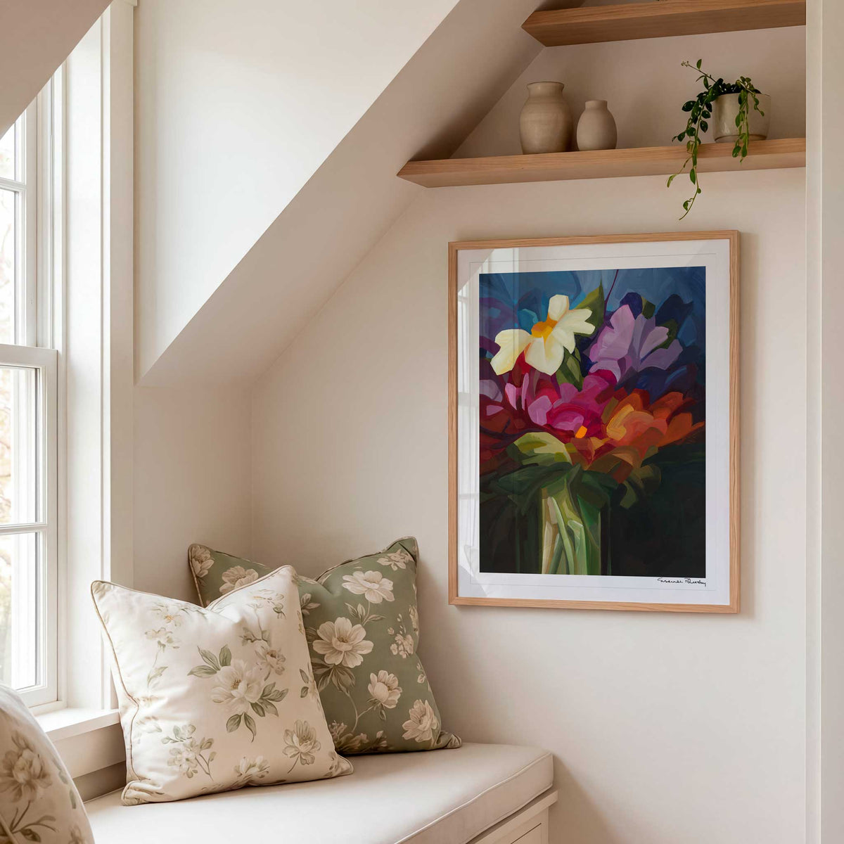 Fine art floral print with bold magenta, coral and yellow blooms against blue and green