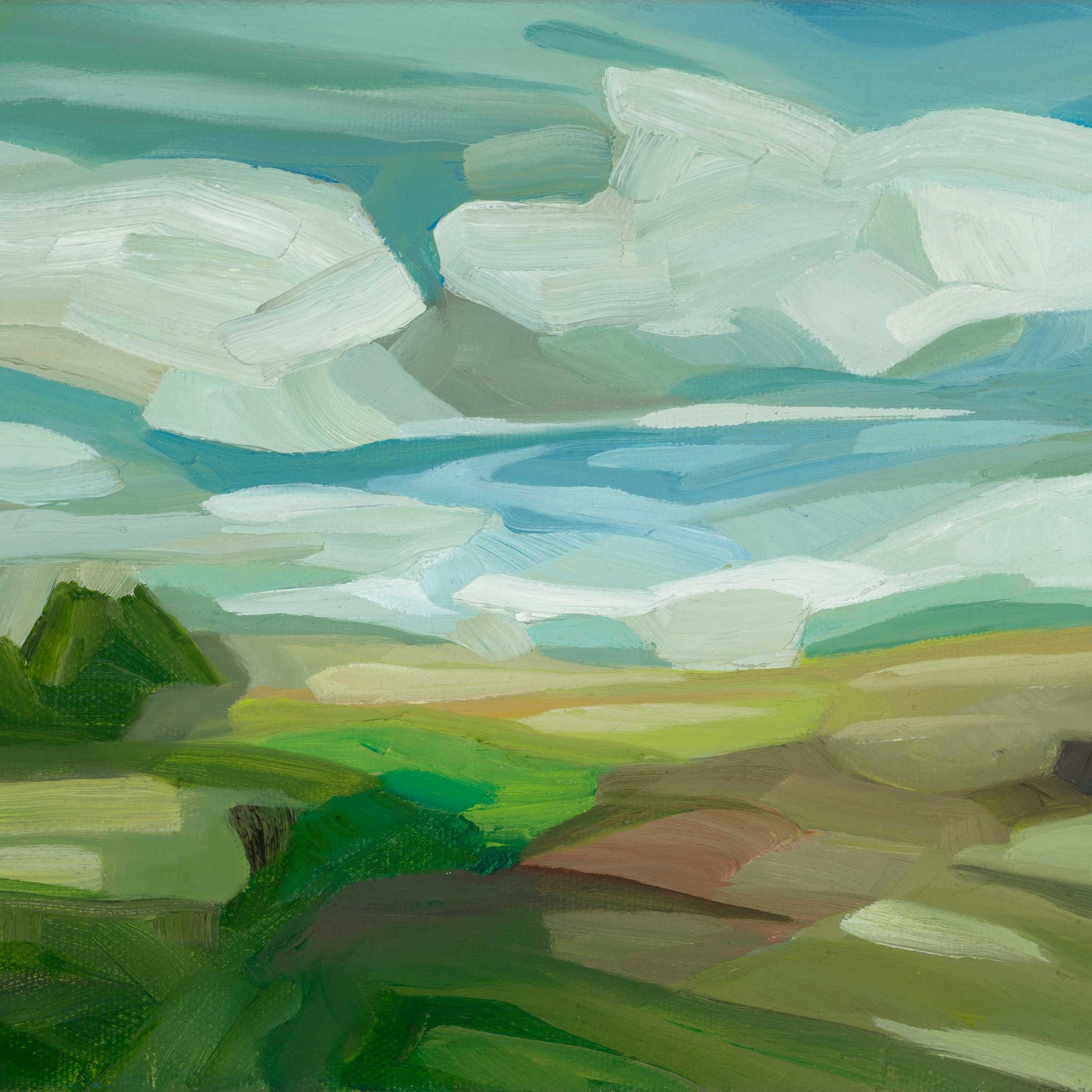 Colourful landscape art print of fresh green countryside beneath a clear blue sky with drifting white clouds.