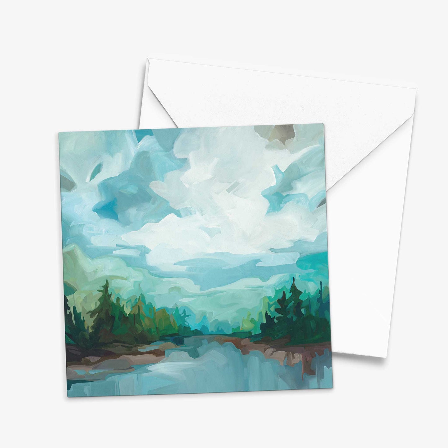 Nature inspired art greeting card featuring calm water, drifting clouds, and layered blue and green brushstrokes