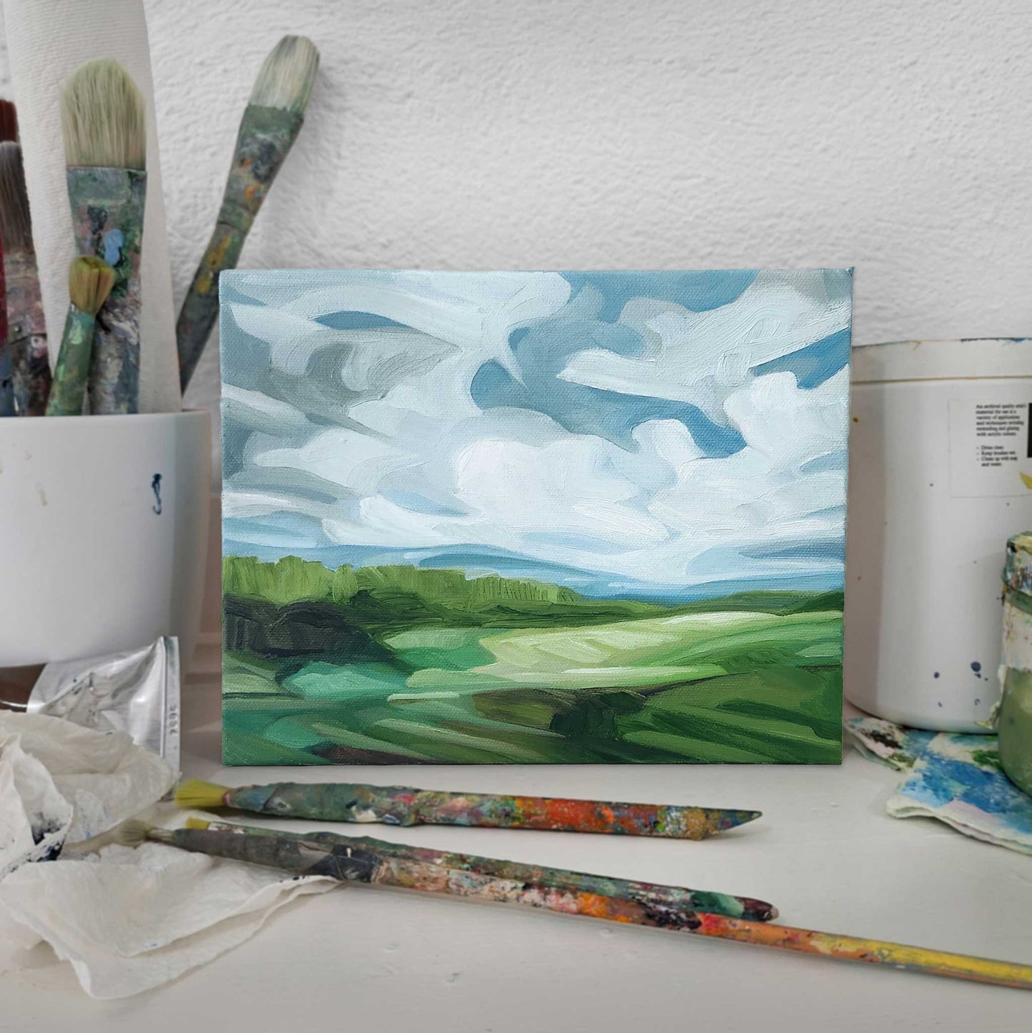 original landscape oil painting with blue sky and fresh green countryside