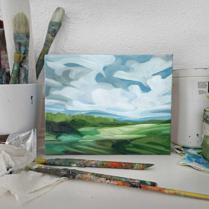 original landscape oil painting with blue sky and fresh green countryside