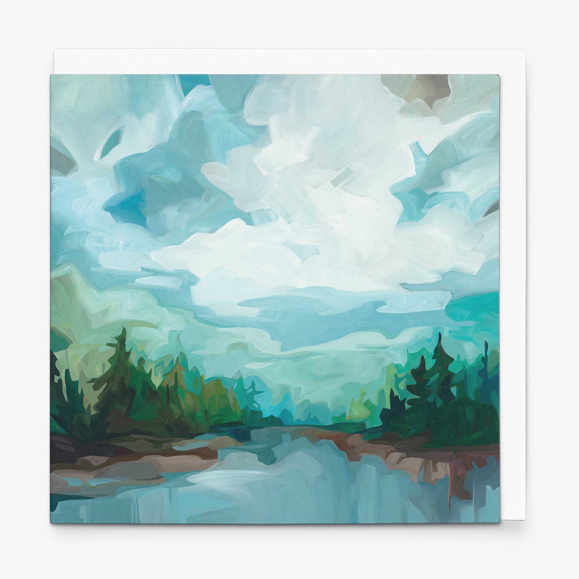 Contemporary landscape greeting card inspired by calm lakeside scenery, open sky, and cottage country views