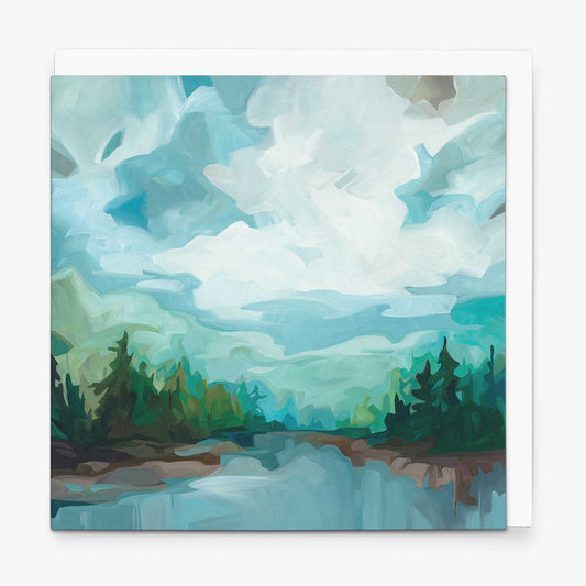 Contemporary landscape greeting card inspired by calm lakeside scenery, open sky, and cottage country views