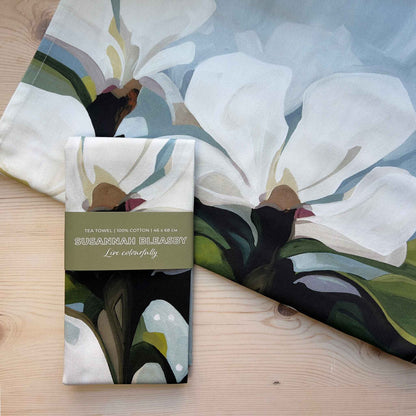 blue and white british made floral tea towel with abstract floral desing