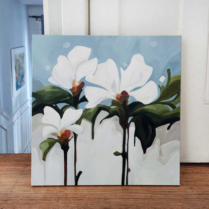 white flowr painting on light blue background