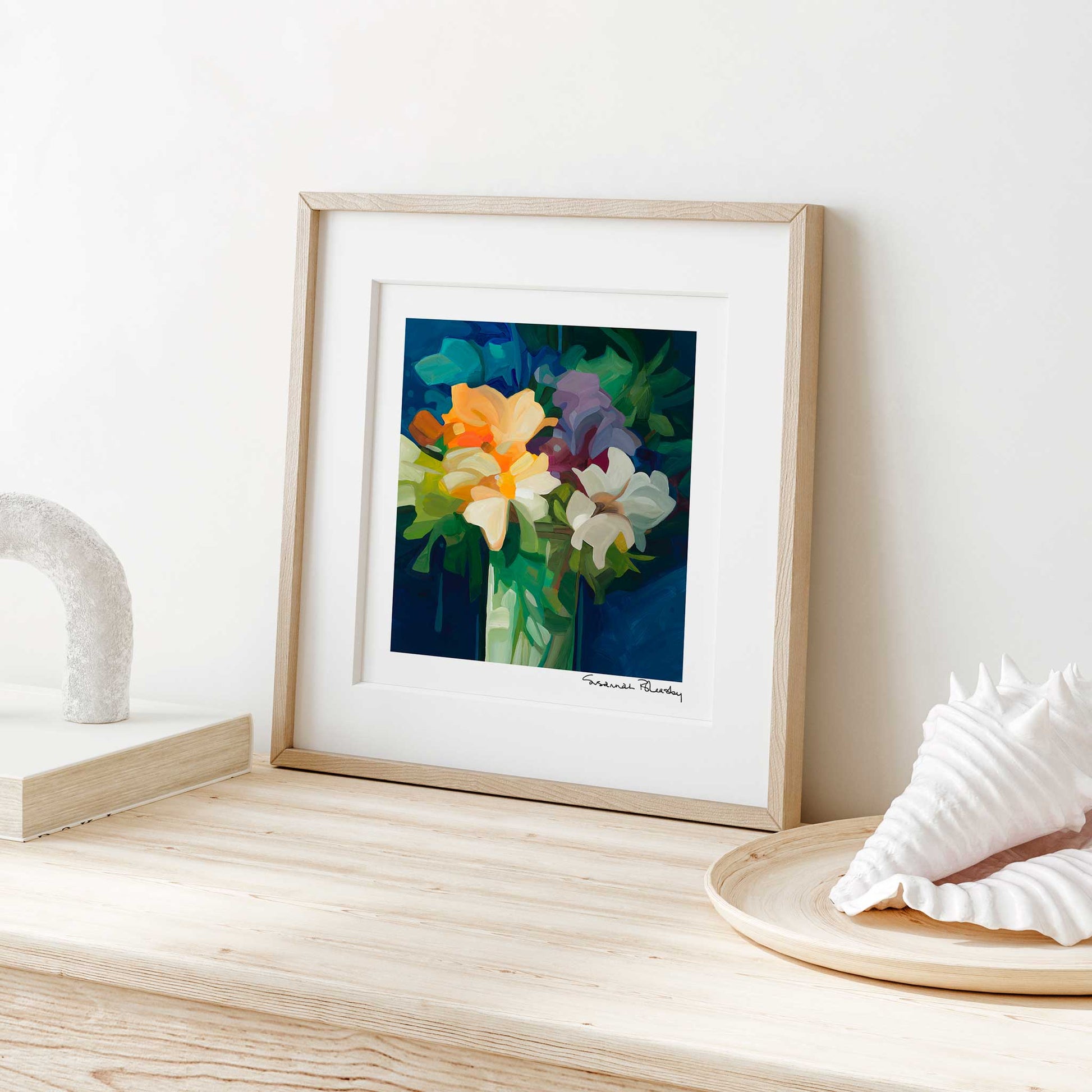 small blue yellow abstract flower painting art print wildthing 24-1