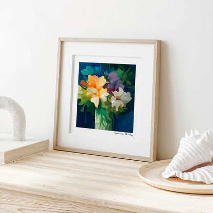 small blue yellow abstract flower painting art print wildthing 24-1