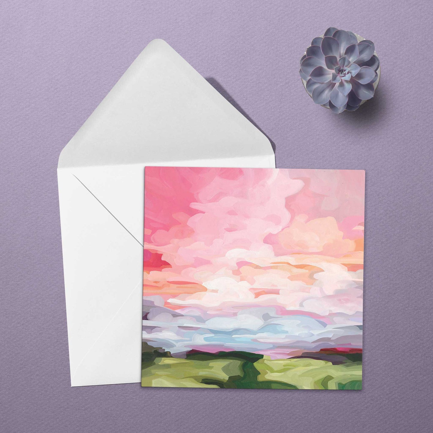 Dreamy sunrise sky greeting card inspired by blush pink clouds, soft pastel skies, and uplifting abstract landscape artwork