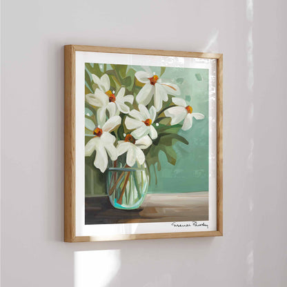 square wall art print of daisies painting