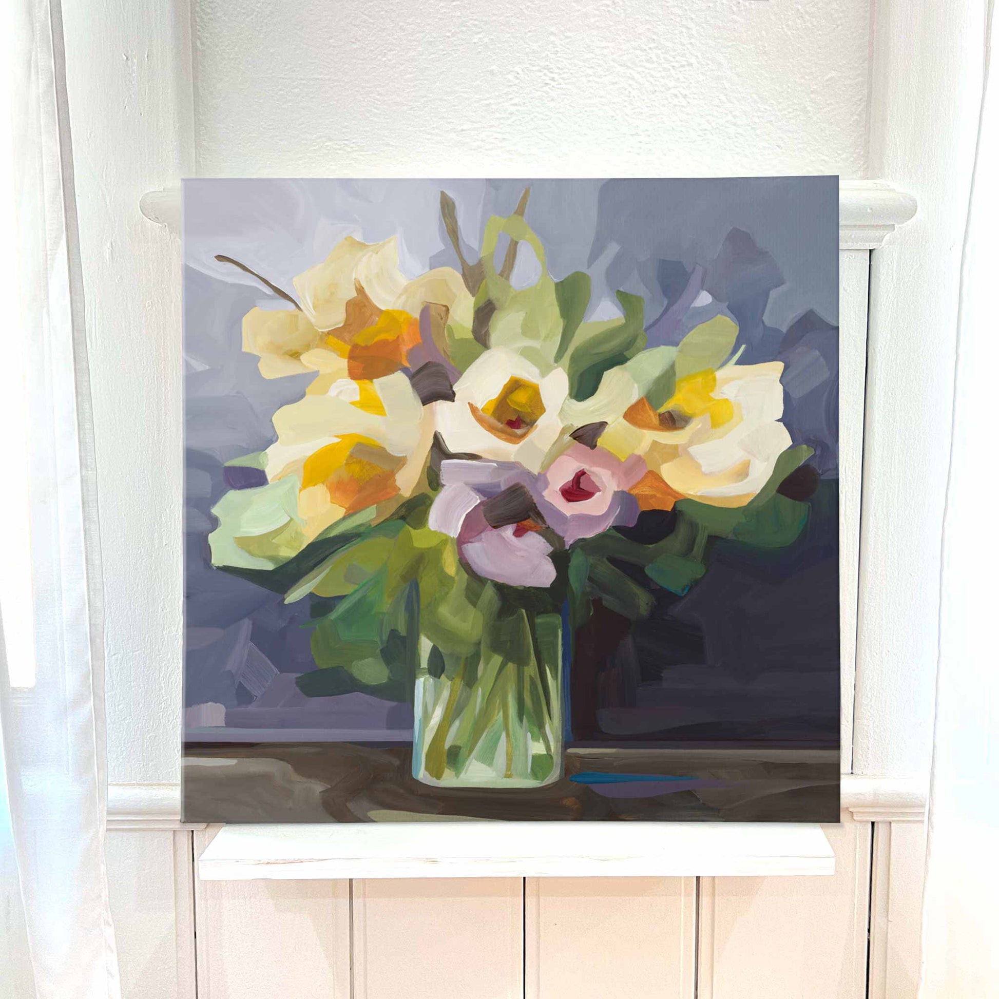 original acrylic flower painting of yellow pansies bouquet