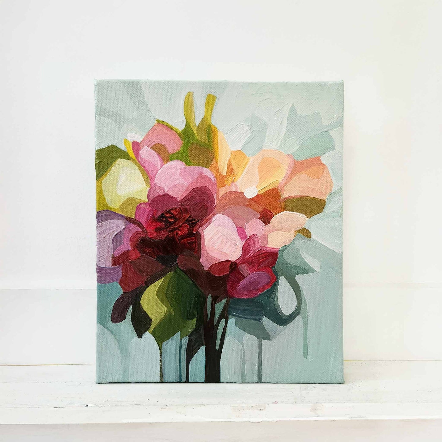 Joyful abstract floral painting with bright blooms and expressive brushstrokes