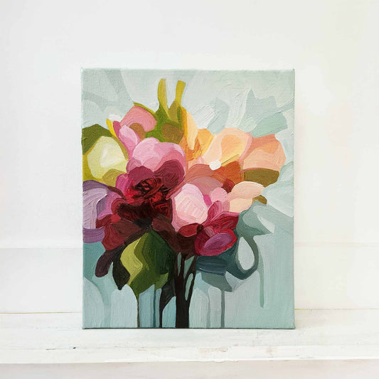 Joyful abstract floral painting with bright blooms and expressive brushstrokes