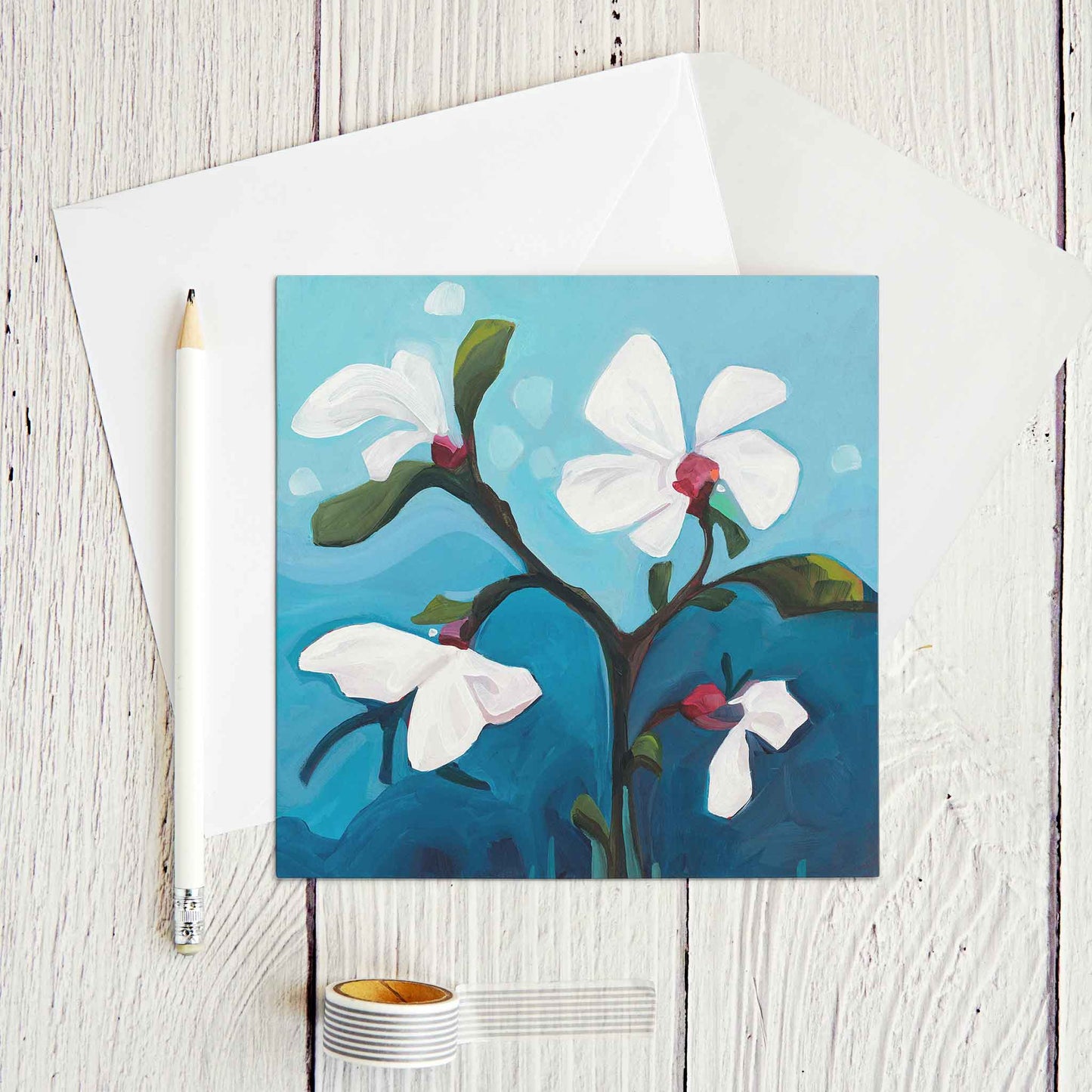 bright blue blank floral greeting card