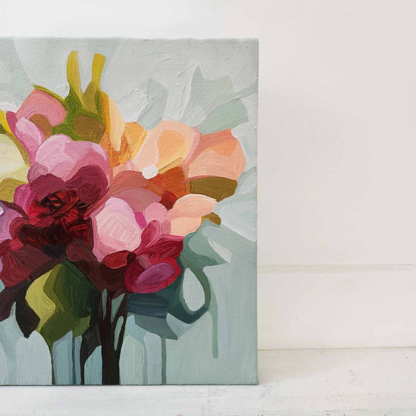 Modern floral artwork painted in vibrant colours with lively brushwork