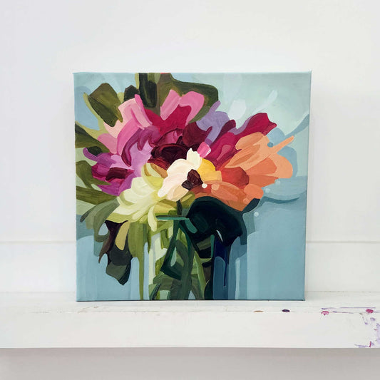 Bright abstract floral painting with colourful bouquet on pale aqua background