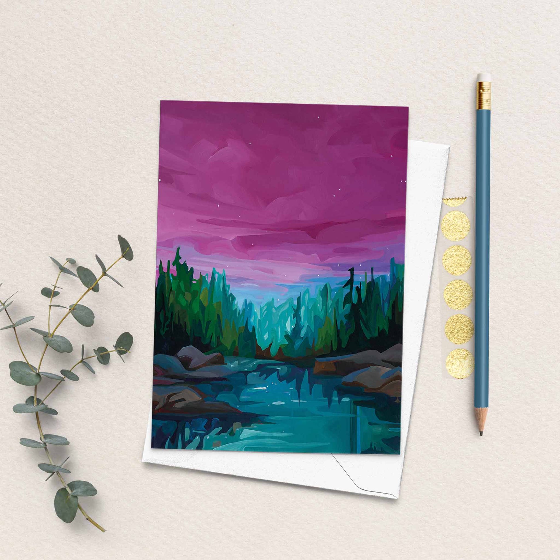 Blank greeting card inspired by vivid sunrise and turquoise horizon