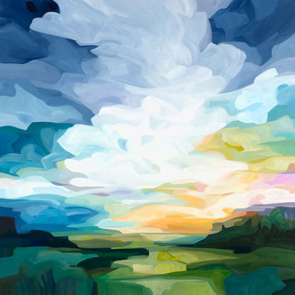 Brilliant summer sunrise landscape art print with blue skies, glowing clouds and colourful light