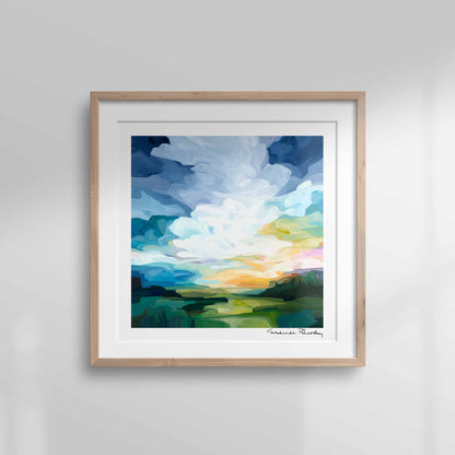 Colourful landscape beneath a dramatic cloud-filled sky in One Fine Day art print