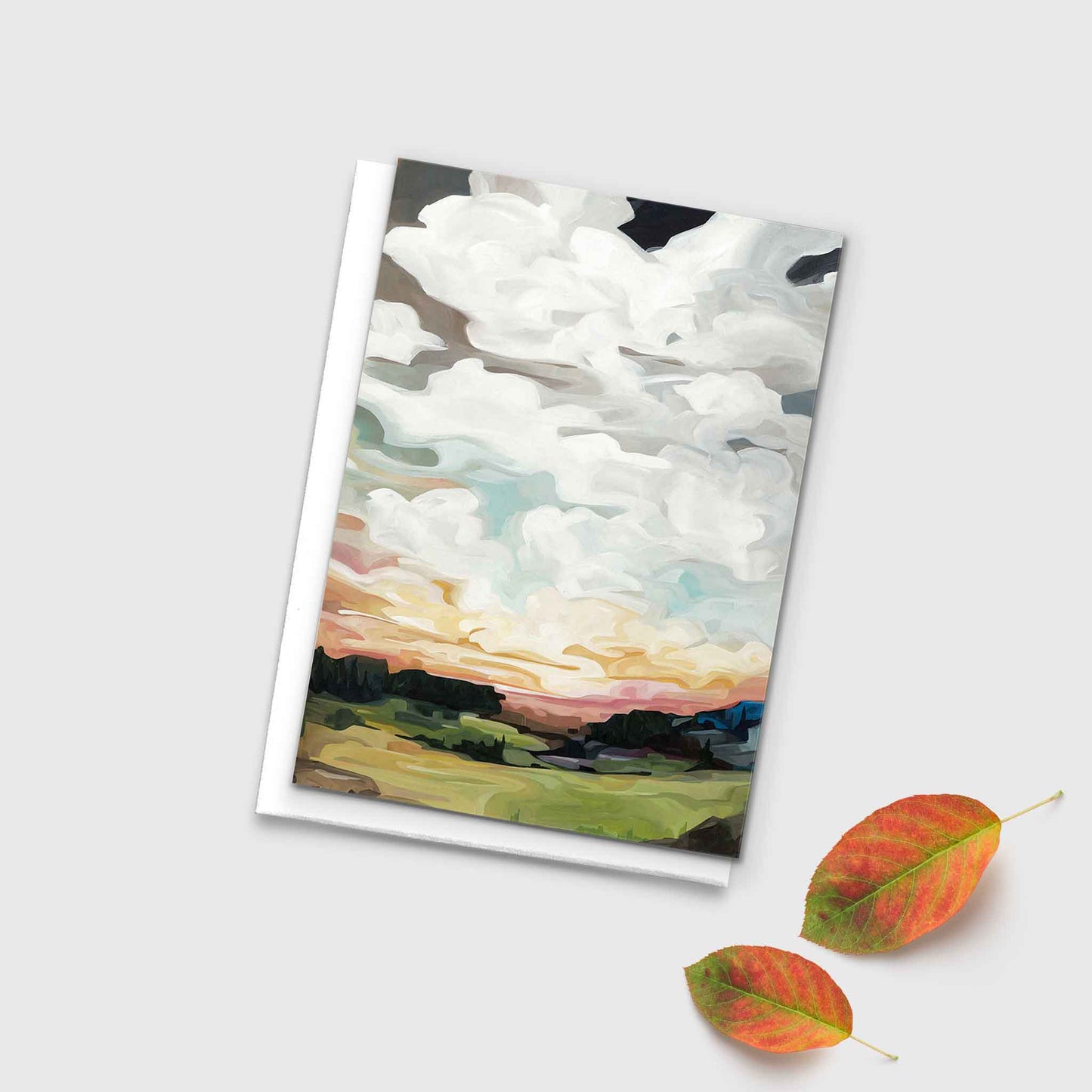 Autumn landscape art card with peach sky and earthy colours