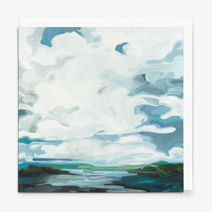 Contemporary coastal greeting card featuring abstract ocean landscape, rolling waves, and expansive blue sky above the shoreline