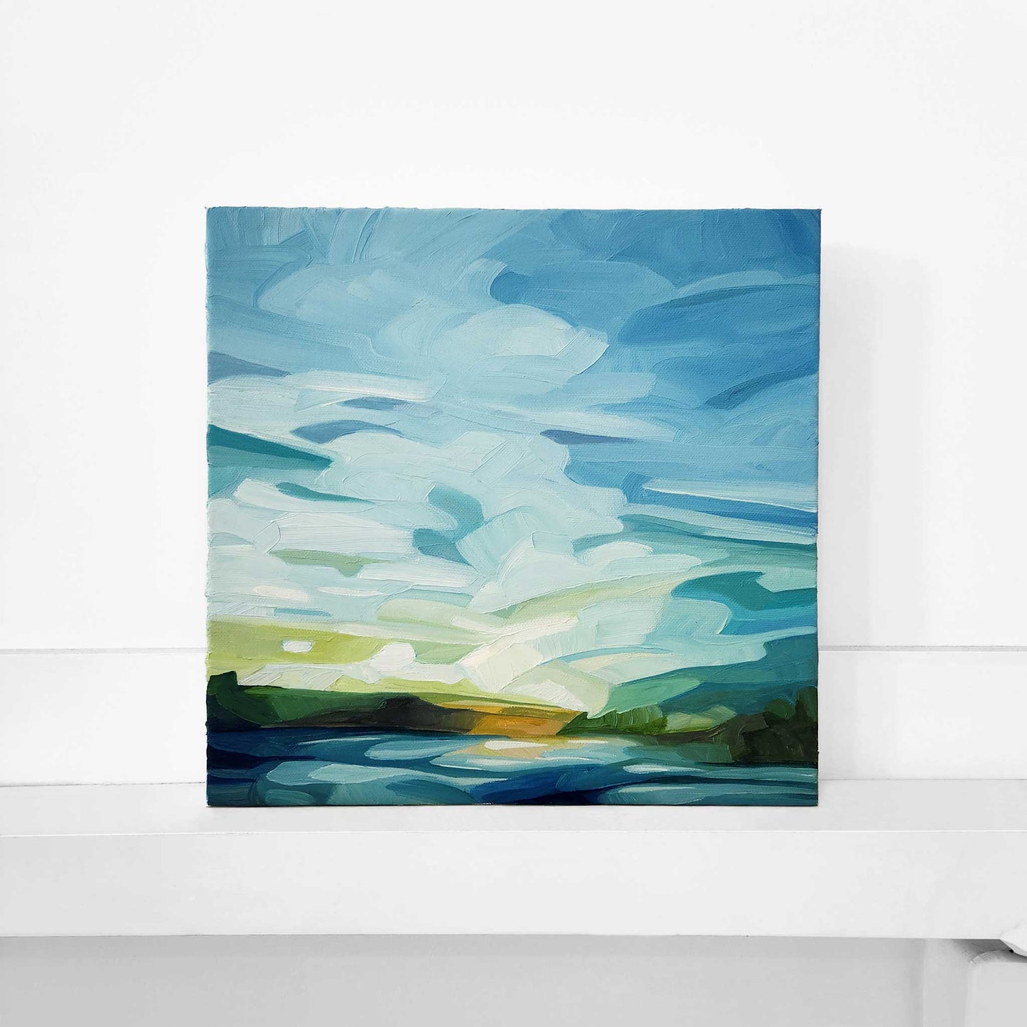 original oil painting of a spring waterfront with morning light and a sunrise on the horizon
