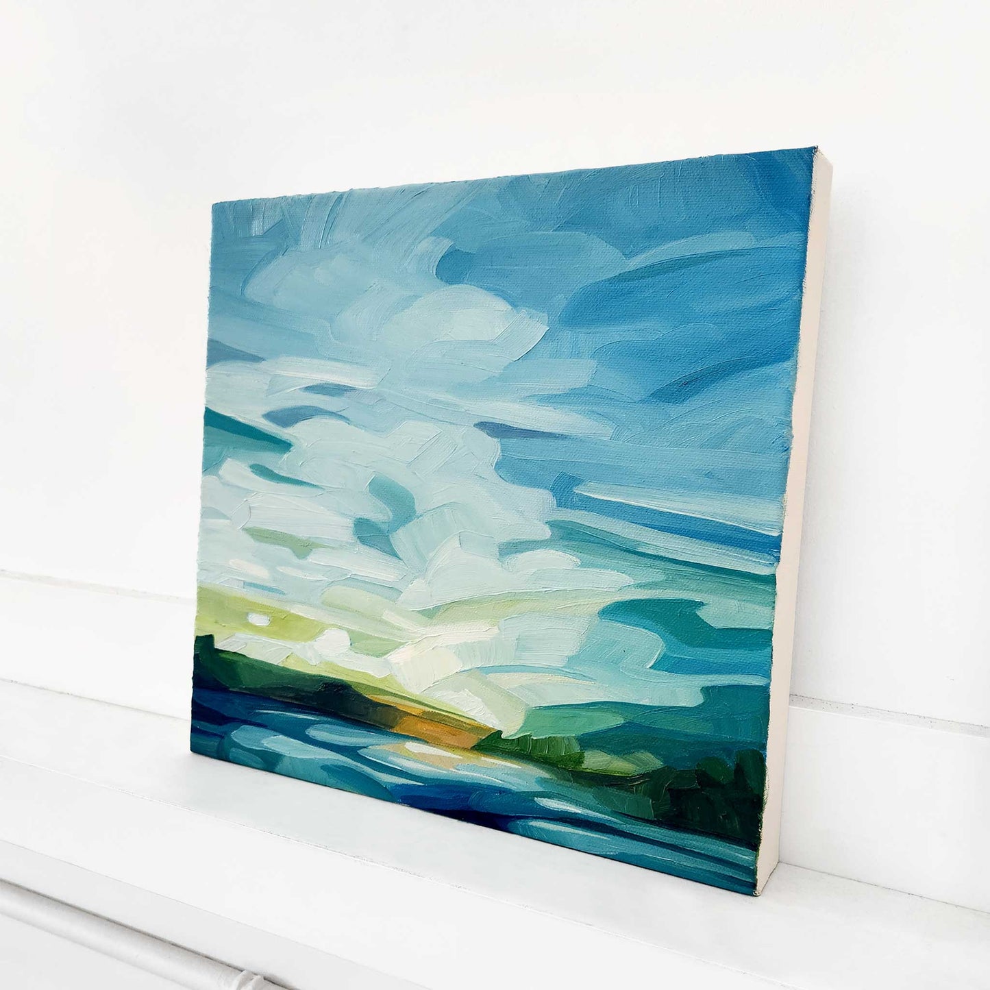 original lakeside oil painting with bright morning light reflecting in a peaceful waterfront scene