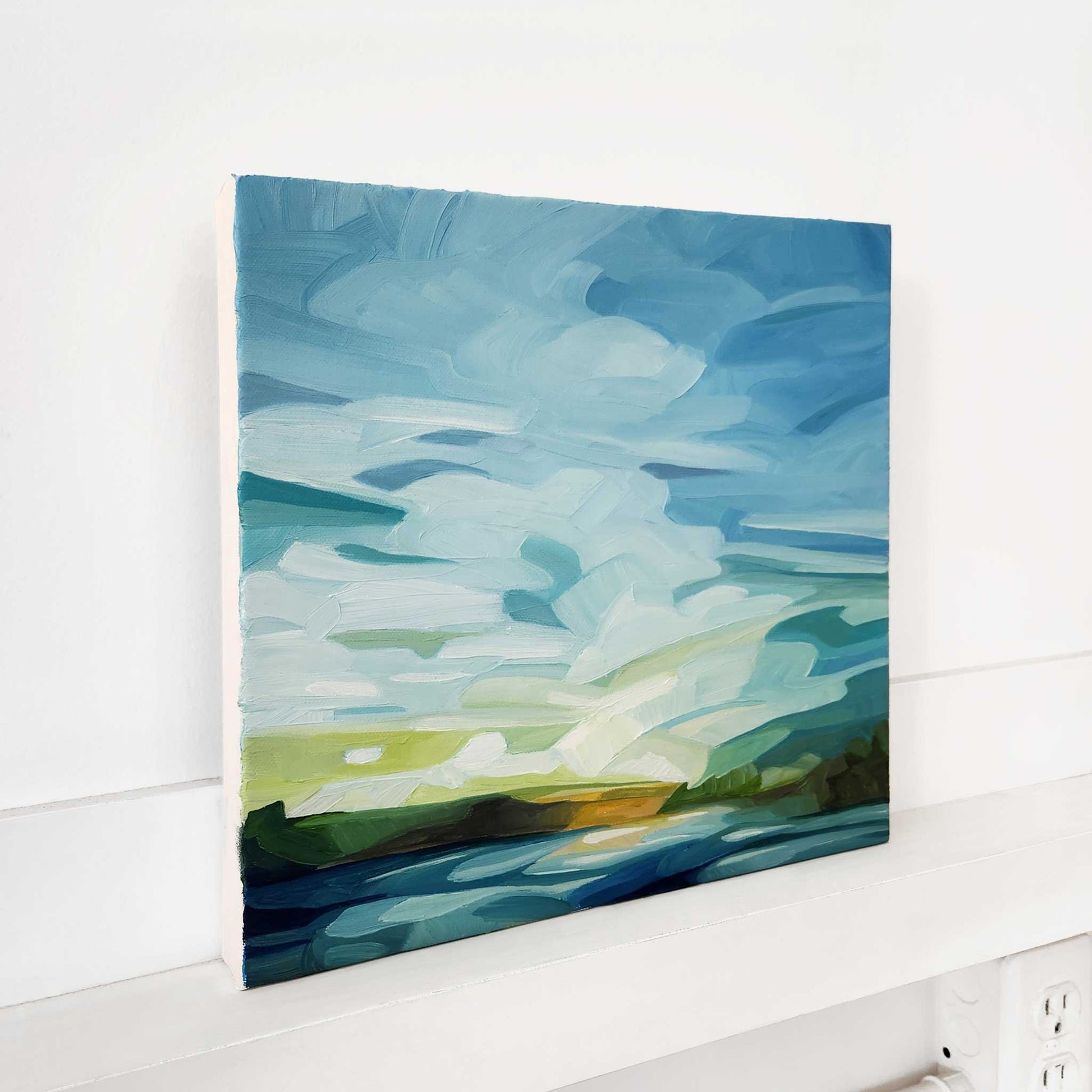 spring waterfront landscape oil painting with bright morning light at sunrise