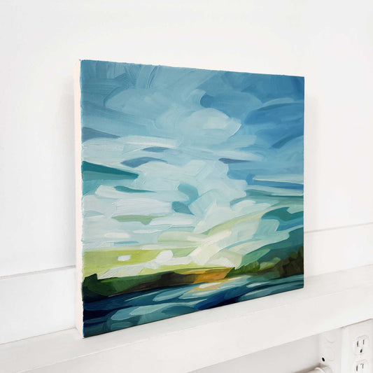 spring waterfront landscape oil painting with bright morning light at sunrise