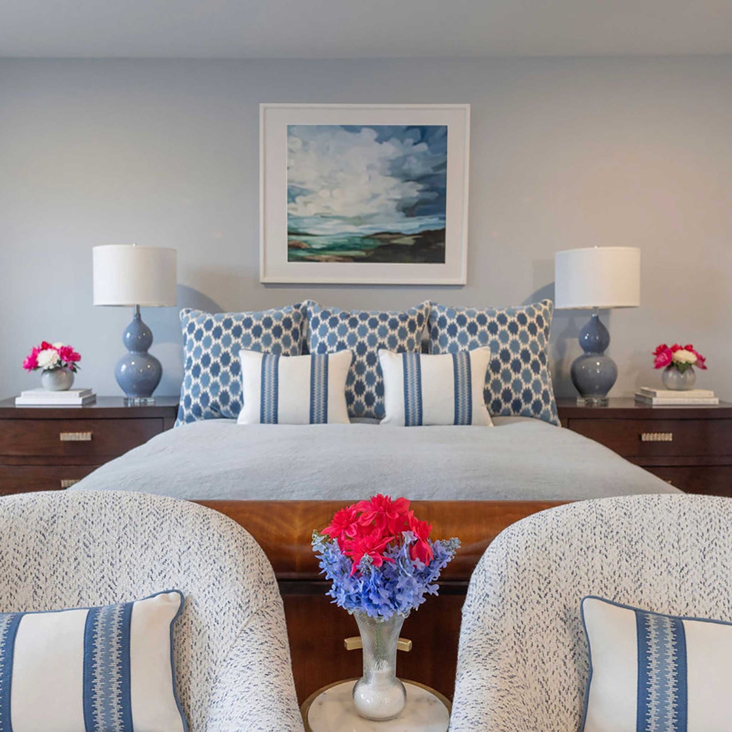 coastal art print in master bedroom