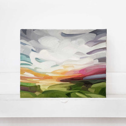 Contemporary abstract oil painting with vibrant colours and expressive skies.