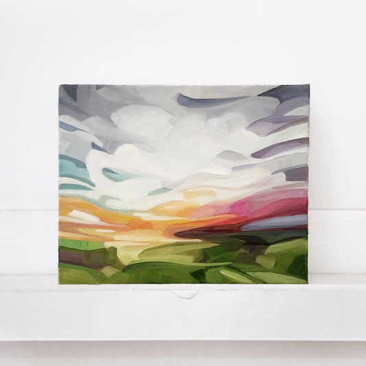 Contemporary abstract oil painting with vibrant colours and expressive skies.