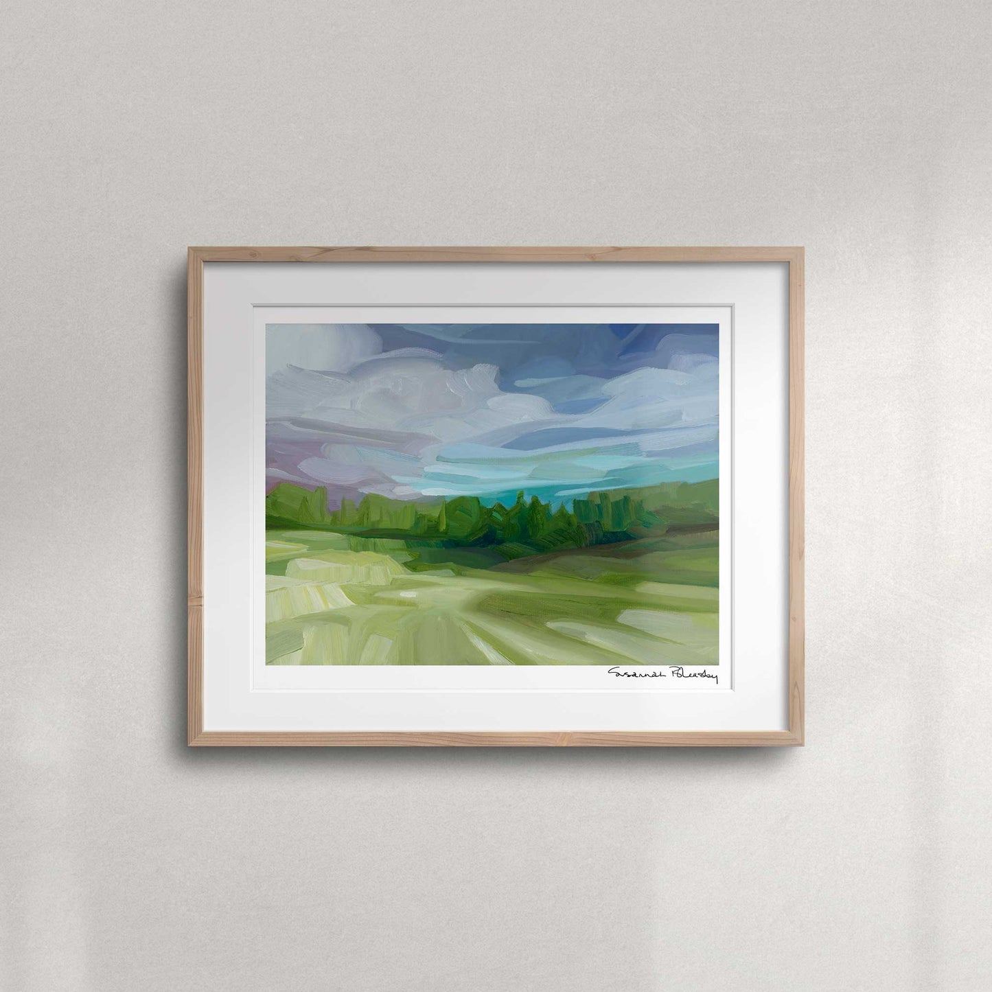 Colourful evening landscape fine art print featuring a glowing sky, long shadows and a peaceful tree-lined countryside view.