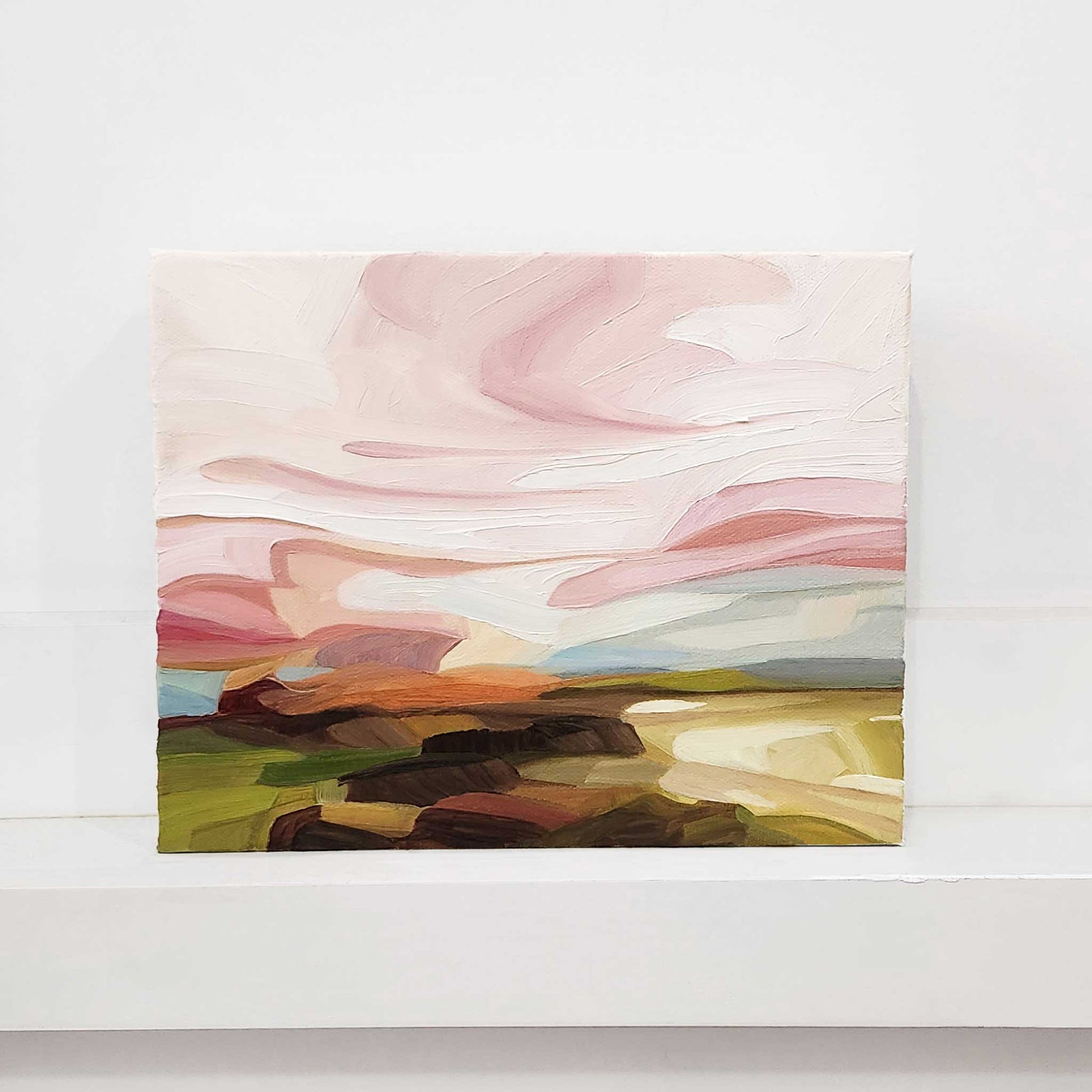 Colourful abstract oil painting inspired by the shapes and colours of the landscape.