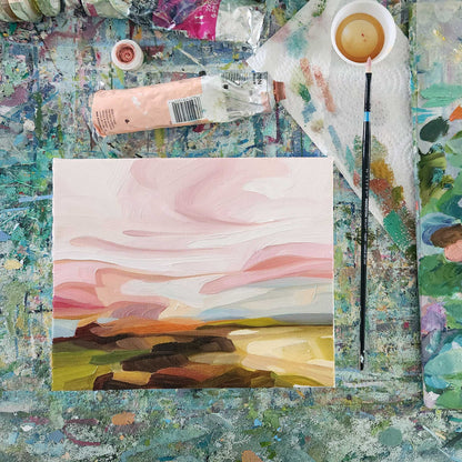 original oil landscape painting with a pink sky and colourful landscape scene