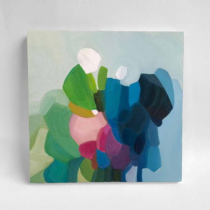 soft green and bright blue abstract oil painting with an intuitive composition