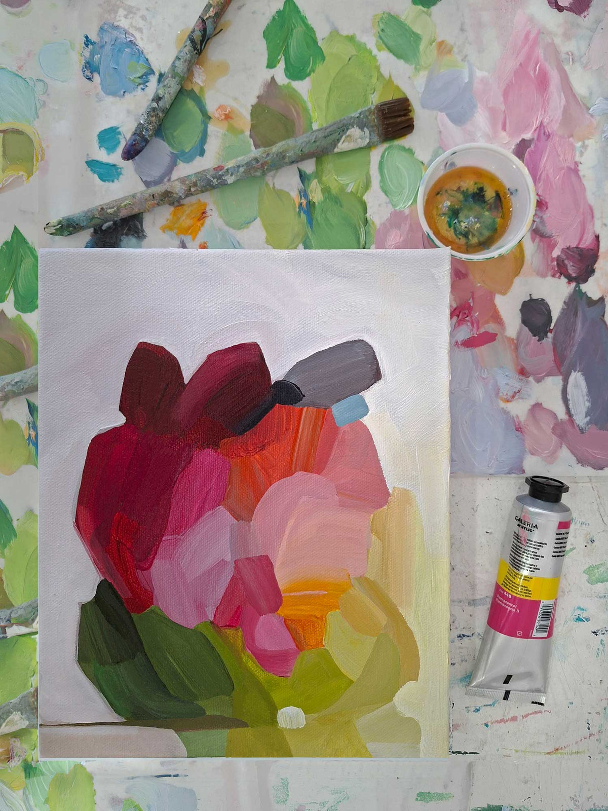 small colourful abstract oil painting in progress