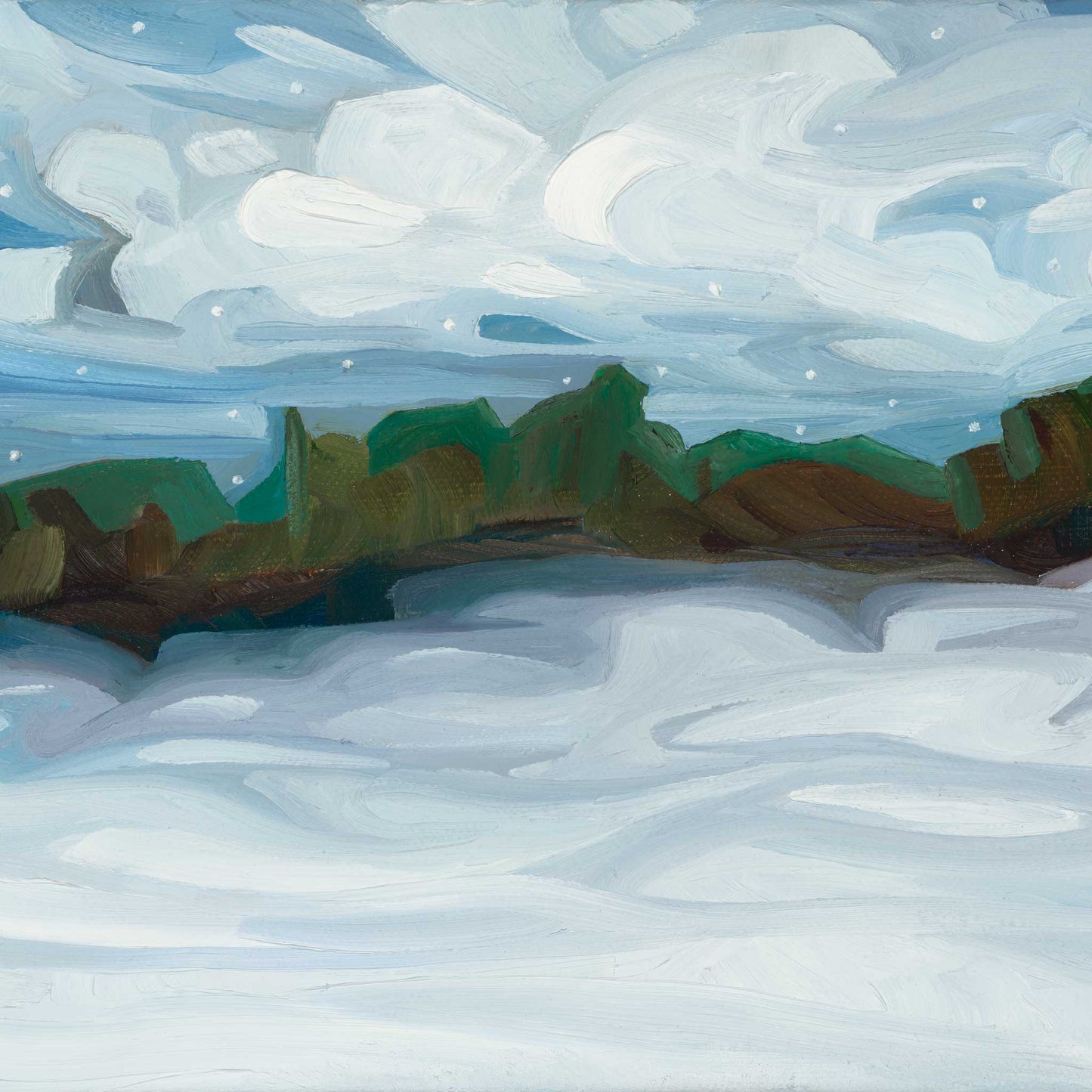 Colourful winter landscape art print inspired by freshly fallen snow, drifting snowflakes and soft blue shadows.