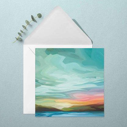 Colourful sunset art greeting card displayed as contemporary nature inspired stationery
