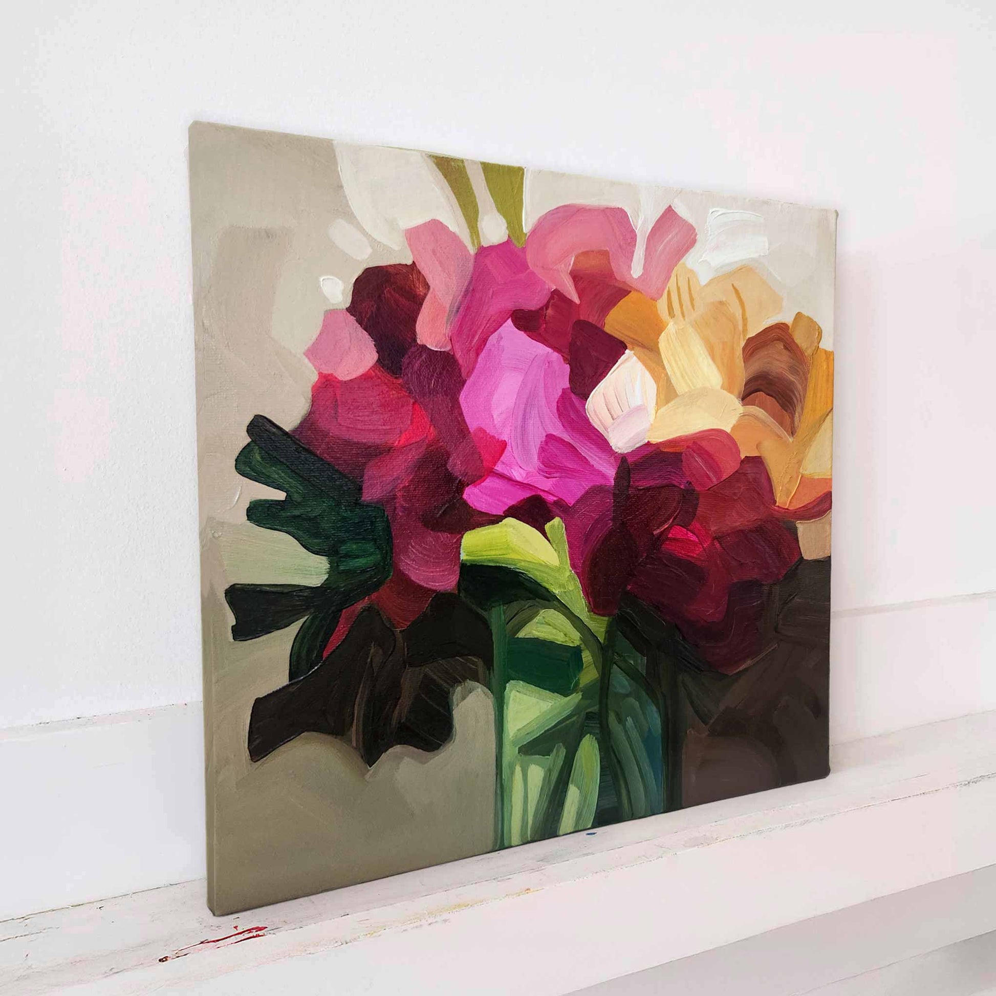contemporary flower painting with bright pink flowers