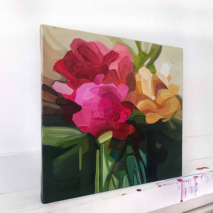 vibrant contemporary abstract flower painting with magenta blooms